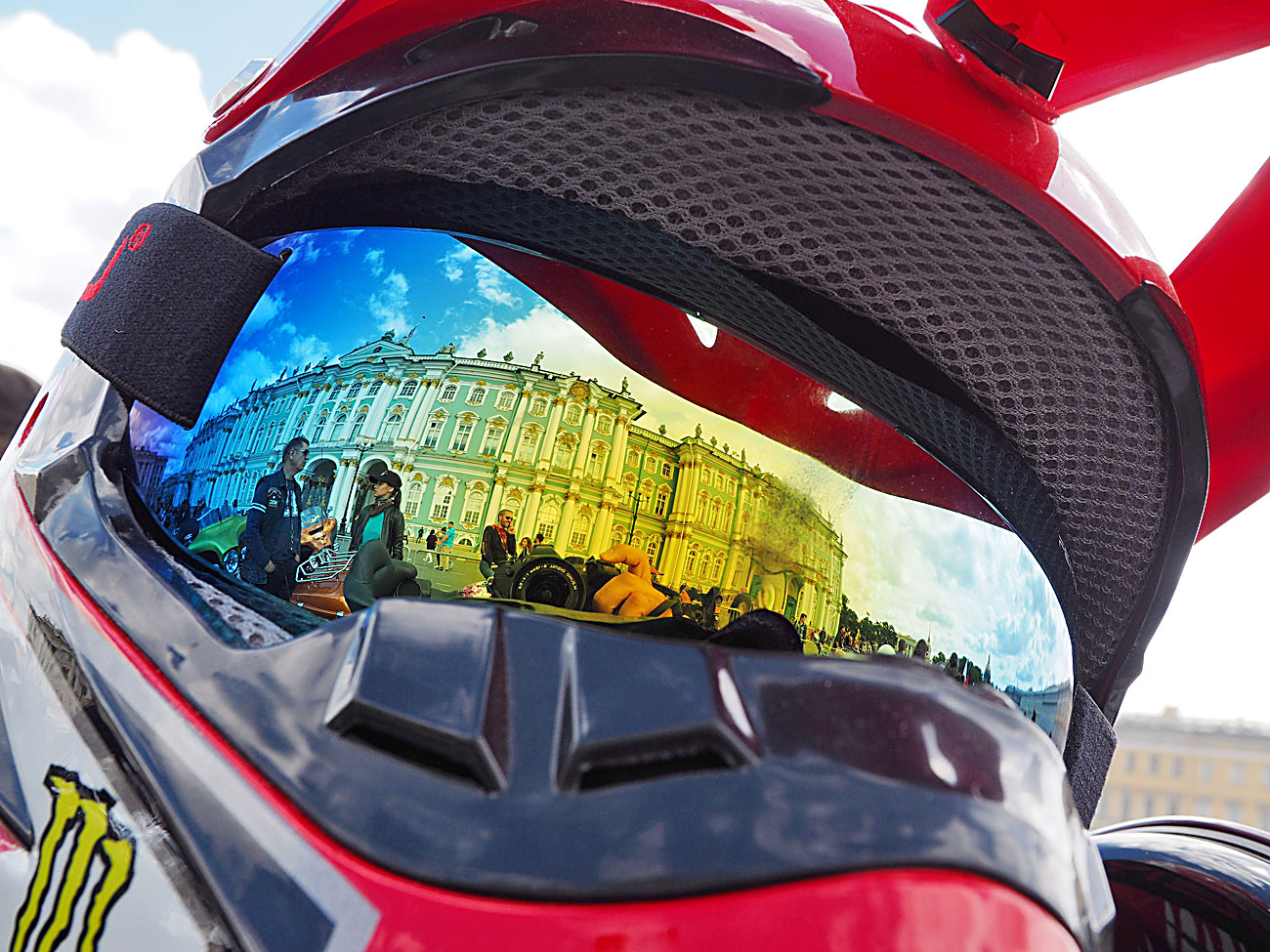 A helmet of a participant in the St.Petersburg Harley® Days bike festival during formation of a motor parade on Palace Square in St. Petersburg.