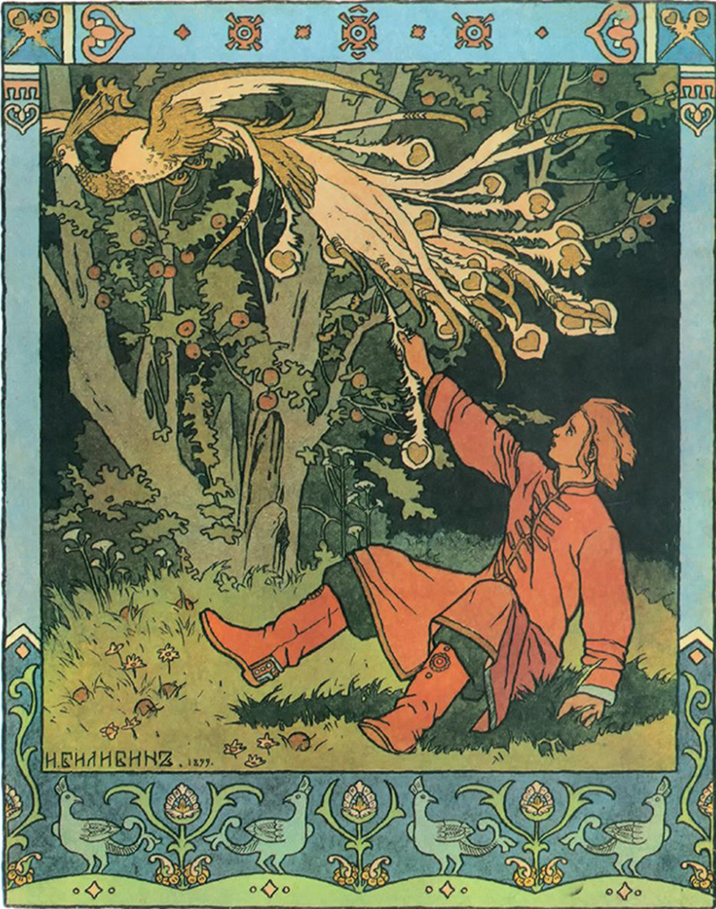 Bilibin became widely famous after making illustrations for popular Russian fairy tales such as “Ivan Tsarevich, the Firebird and the Gray Wolf”.