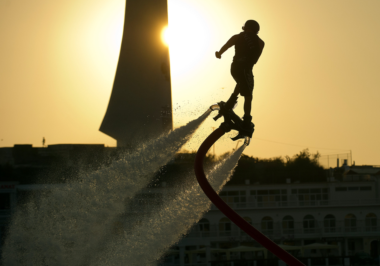 An athlete performs at the Russian flyboard championship in Sevastopol