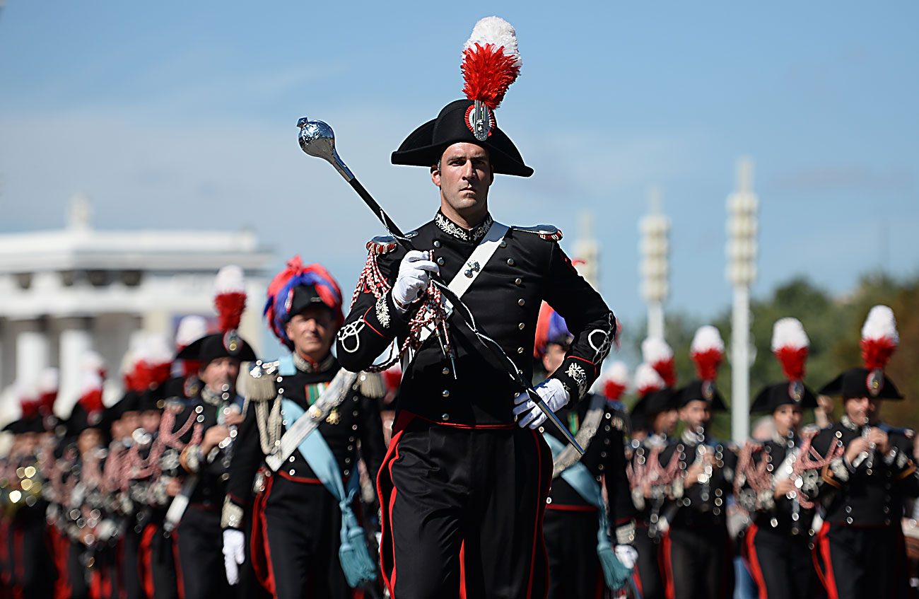 Military band members perform during the Spasskaya Tower international military music festival