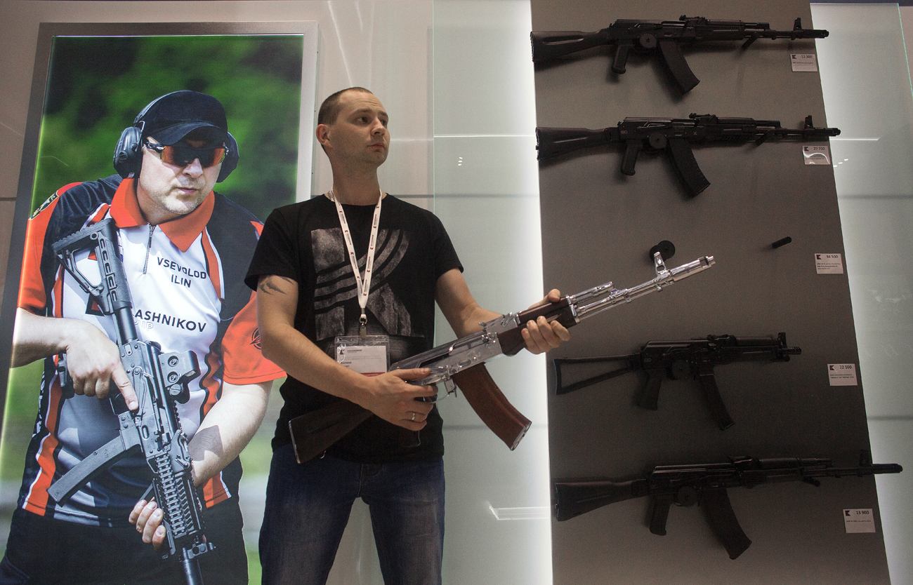 A salesclerk at a newly opened store of Concern Kalashnikov at Sheremetyevo Airport.