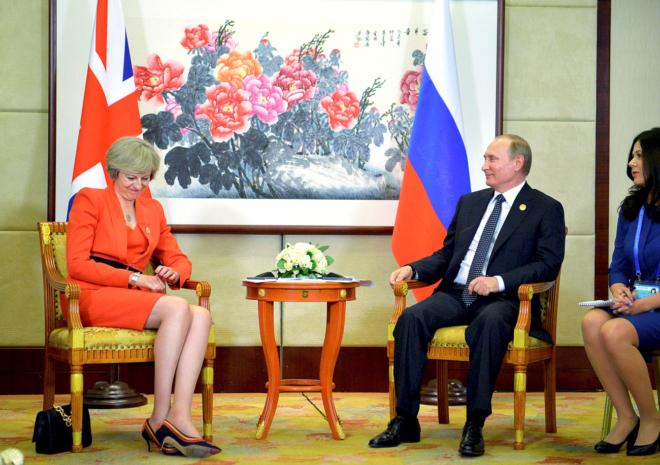 Russian President Vladimir Putin meets with British Prime Minister Theresa May as part of the G20 Summit in China on Sept. 4.