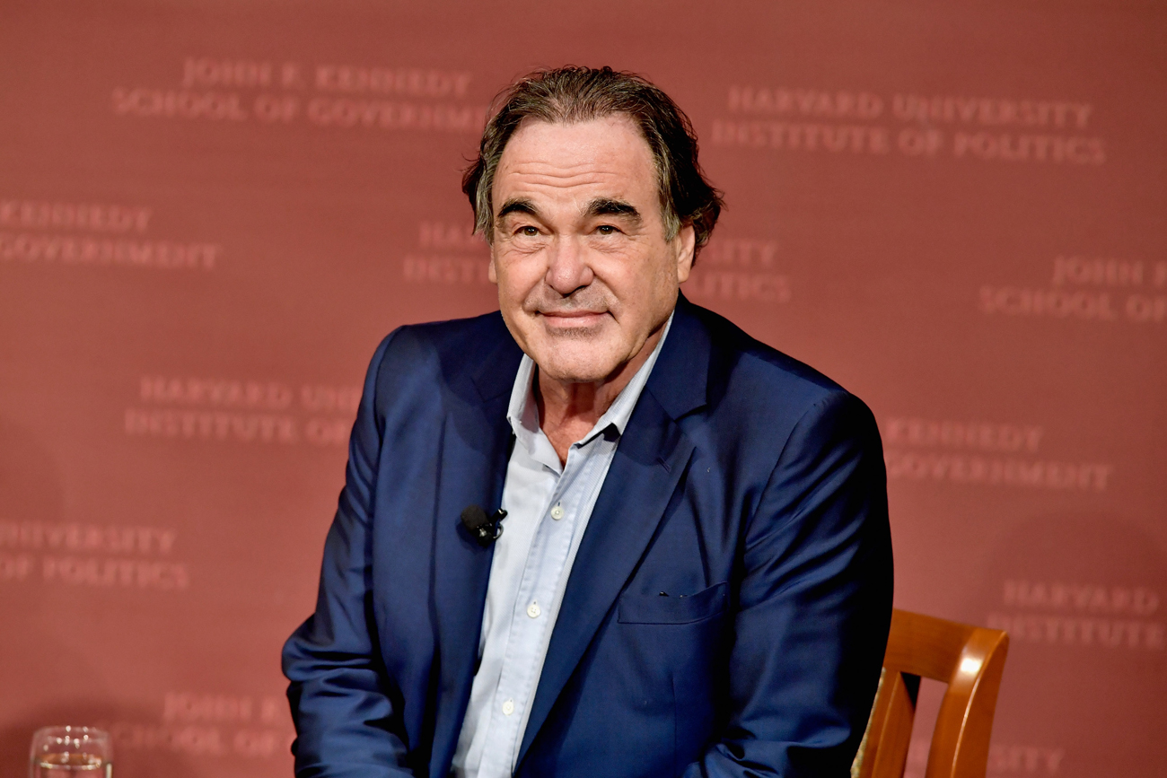 Director Oliver Stone discusses his new film 'Snowden' with moderator Ron Suskind at Harvard University's John F. Kennedy School of Government Institute of Politics on Sept. 12, 2016 in Cambridge, Massachusetts.
