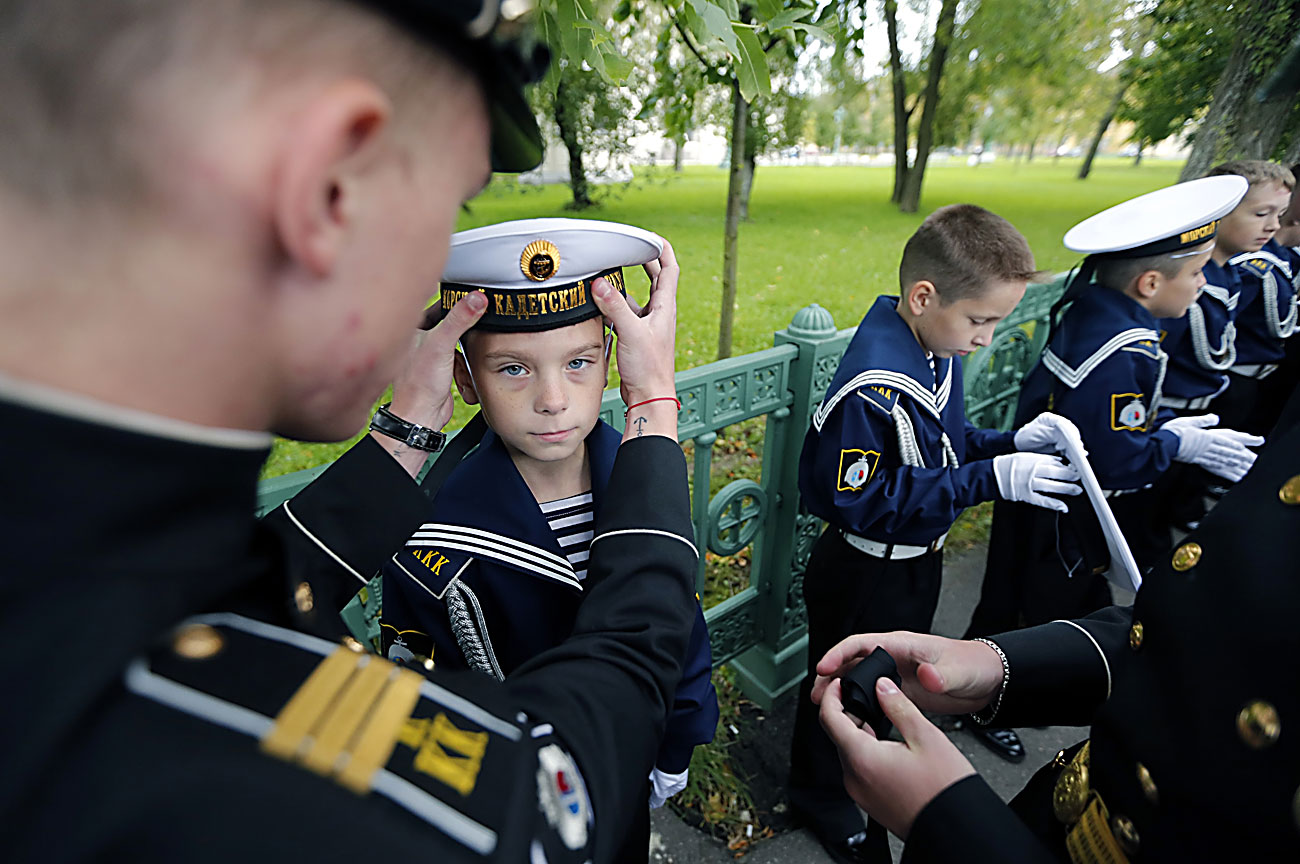 Cadets of the Kronstadt Naval Cadets College attend a ceremony of initiation into cadets in Kronstadt, outside St. Petersburg, Russia, 17 September 2016. First Naval cadets college was established in Kronstadt on the initiative of the St. Petersburg Government, on 22 November 1995. 