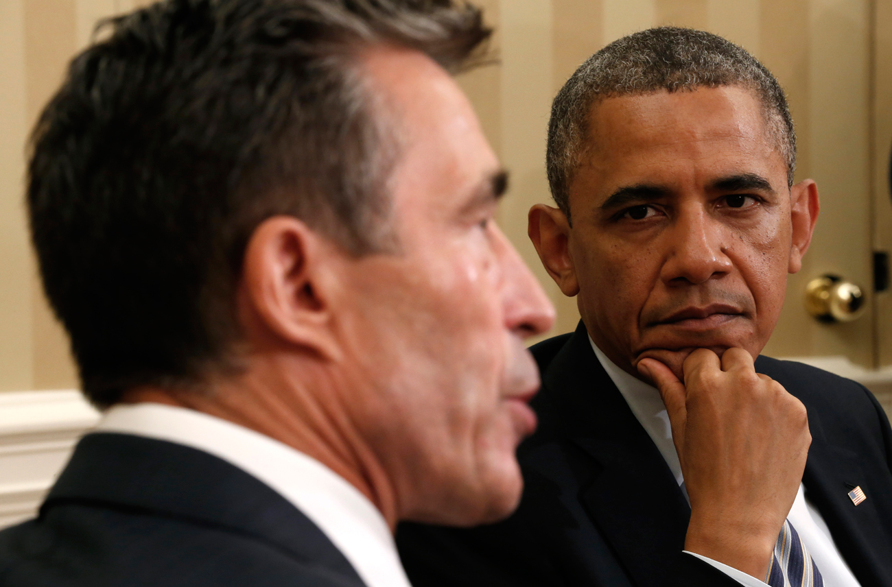 Президентът на САЩ Барак Обама и бившият генерален секретар на НАТО Андерс Фог Расмусен на среща в Белия дом на 31 май 2013 г.