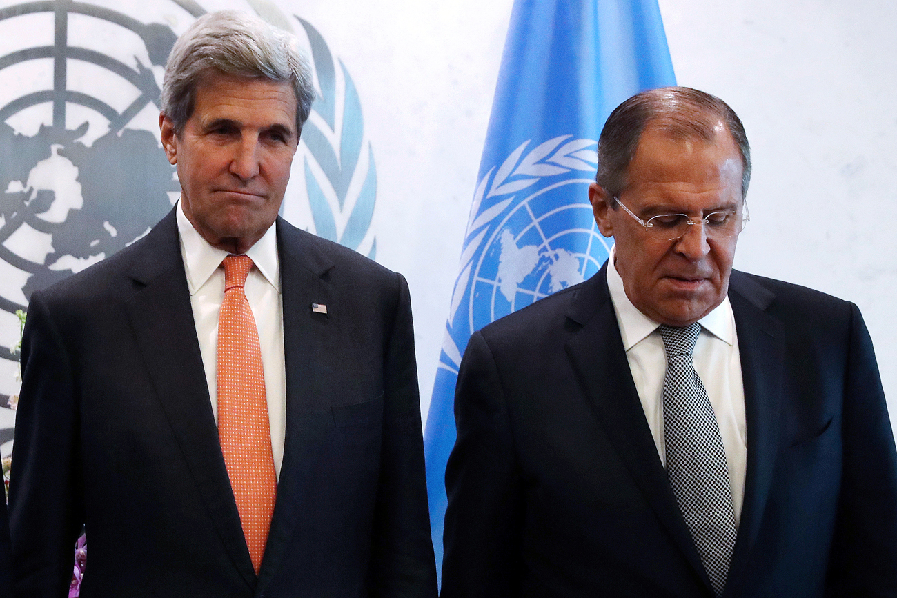U.S. Secretary of State John Kerry and Russian Foreign Minister Sergey Lavrov pose for a photo before a Middle East Quartet Principals Meeting during 71st Session of the United Nations General Assembly in Manhattan, New York, U.S.