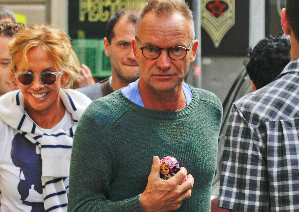 Many movie stars and singers seem to think the same. / Singer Sting with a Matryoshka doll, presented by a fan, as he walks along a street in Moscow, 2012.