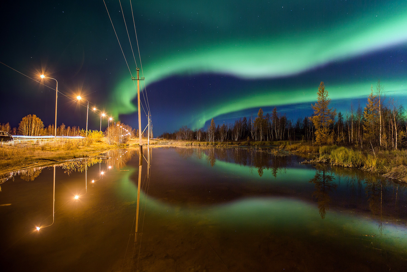Colorful northern light is seen during autumn in Salekhard, Yamalo-Nenets Autonomous Okrug in Russia