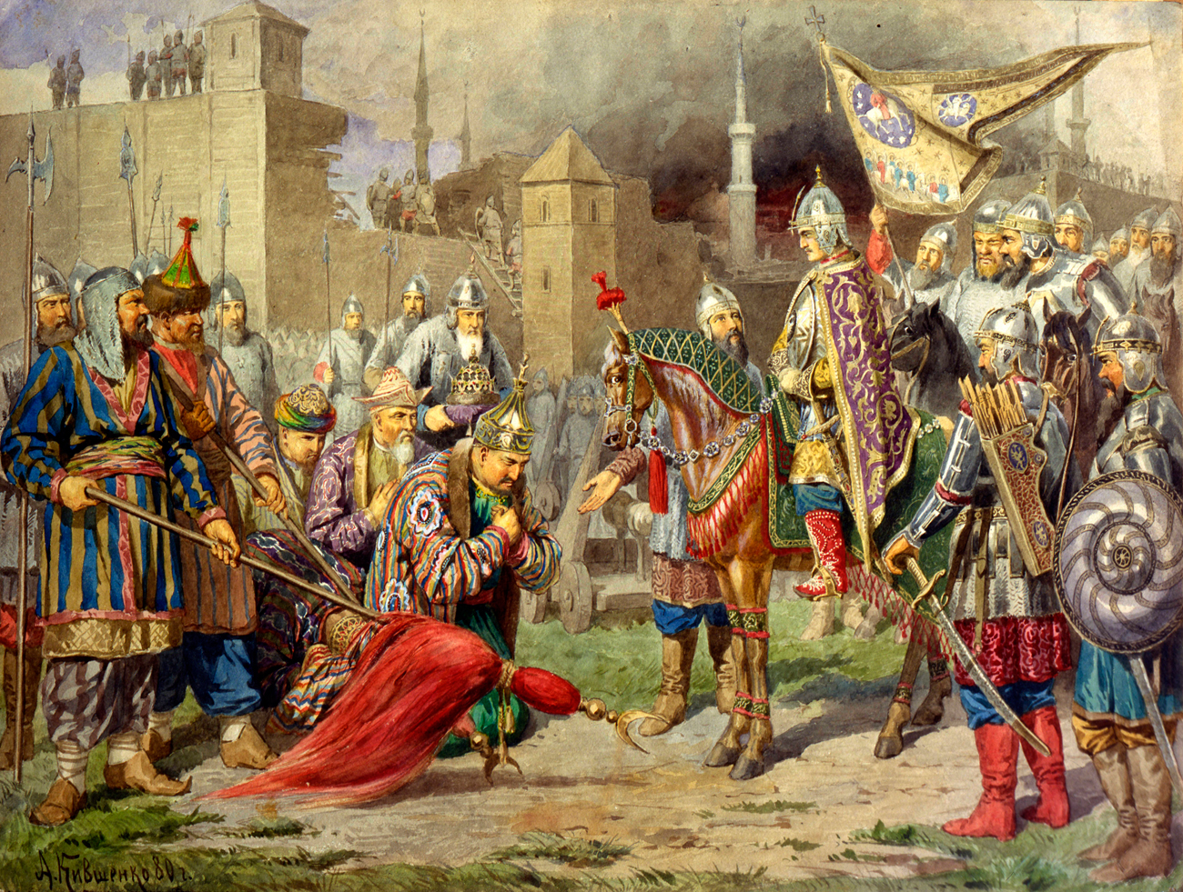 Tsar Ivan IV Conquering Kazan in 1552, 1880. Kazan, the capital of the Tatar Khanate of Kazan, fell to the Russian army of Ivan the Terrible after a siege in 1552. Many of the city's defenders and civilian inhabitants were massacred