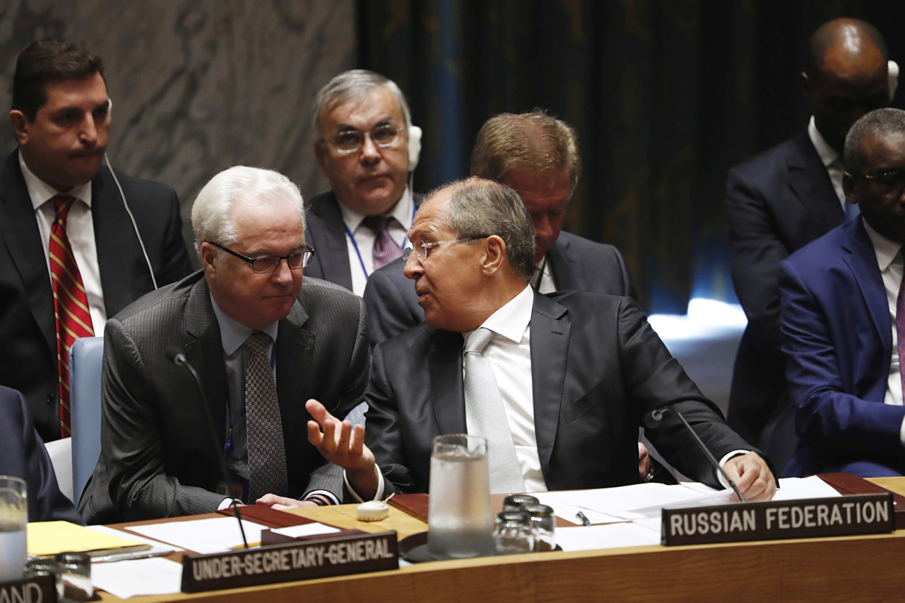 Le chef de la diplomatie russe Sergueï Lavrov et le représentant permanent de la Russie auprès de l'Onu Vitali Tchourkine à lors de l'Assemblée générale des Nations Unies à New York le 21 septembre 2016.