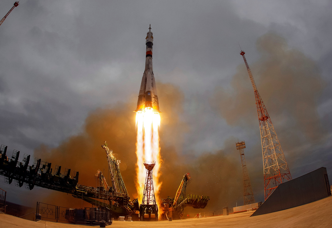 The Soyuz MS-02 spacecraft carrying the crew of Shane Kimbrough of the U.S., Sergei Ryzhikov and Andrei Borisenko of Russia blasts off to the International Space Station from the launchpad at the Baikonur cosmodrome, Kazakhstan.