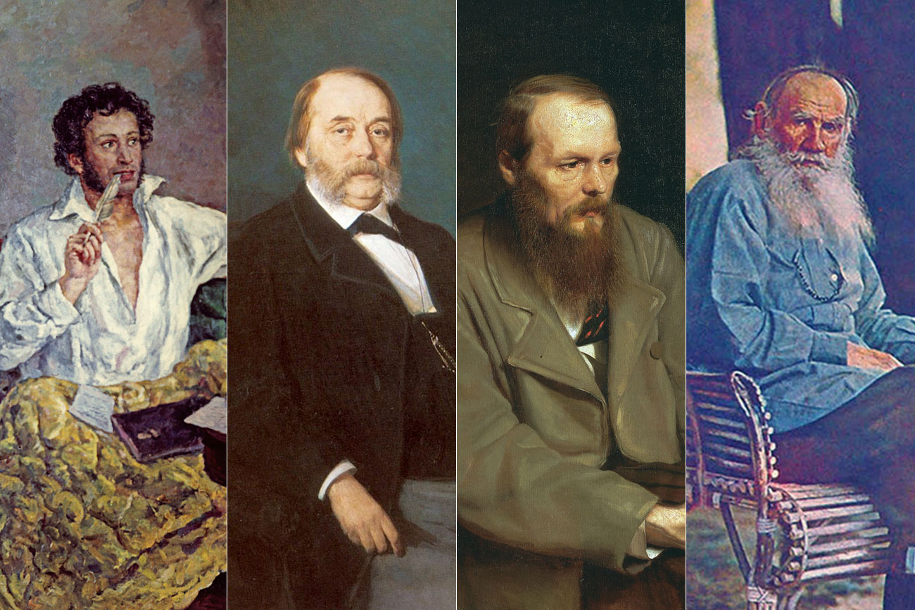 L-R: Pushkin, Goncharov, Dostoevsky, Tolstoy