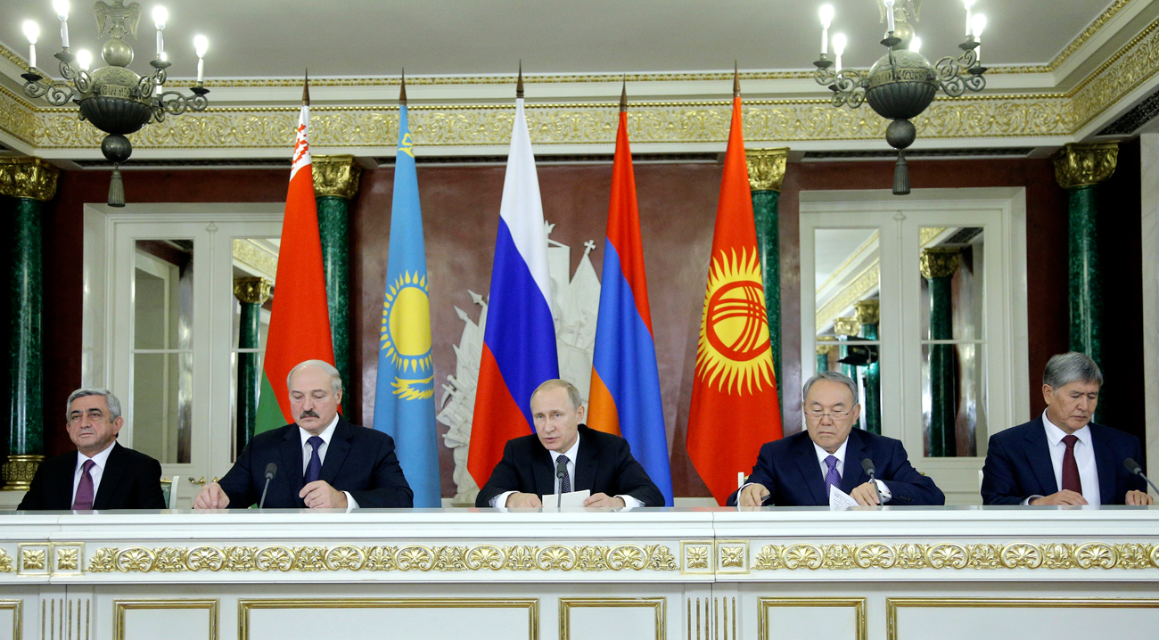 Serzh Sargsyan, presidente de Armenia, Alexander Lukashenko, presidente de Bielorrusia, Vladimir Putin, presidente de Rusia Nursultan Nazarbayev, presidente de Kazajistán.
