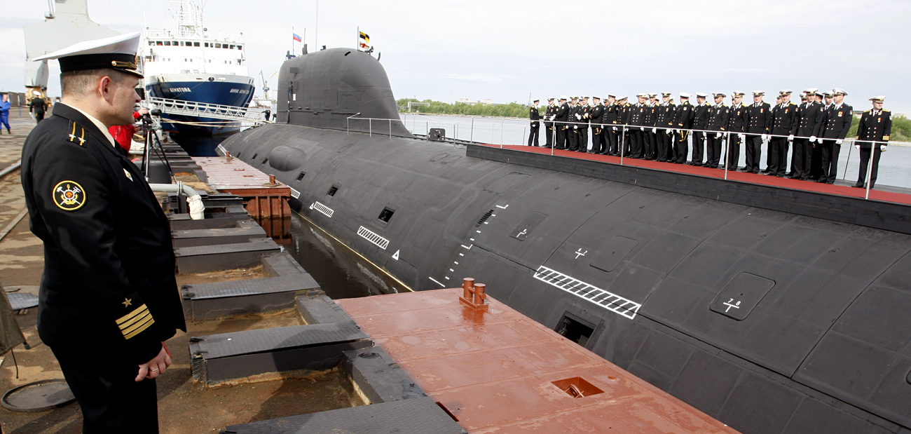 Yasen class nuclear attack submarine Severodvinsk being commissioned into the Russian Navy, at the Sevmash shipyard, June 2014.
