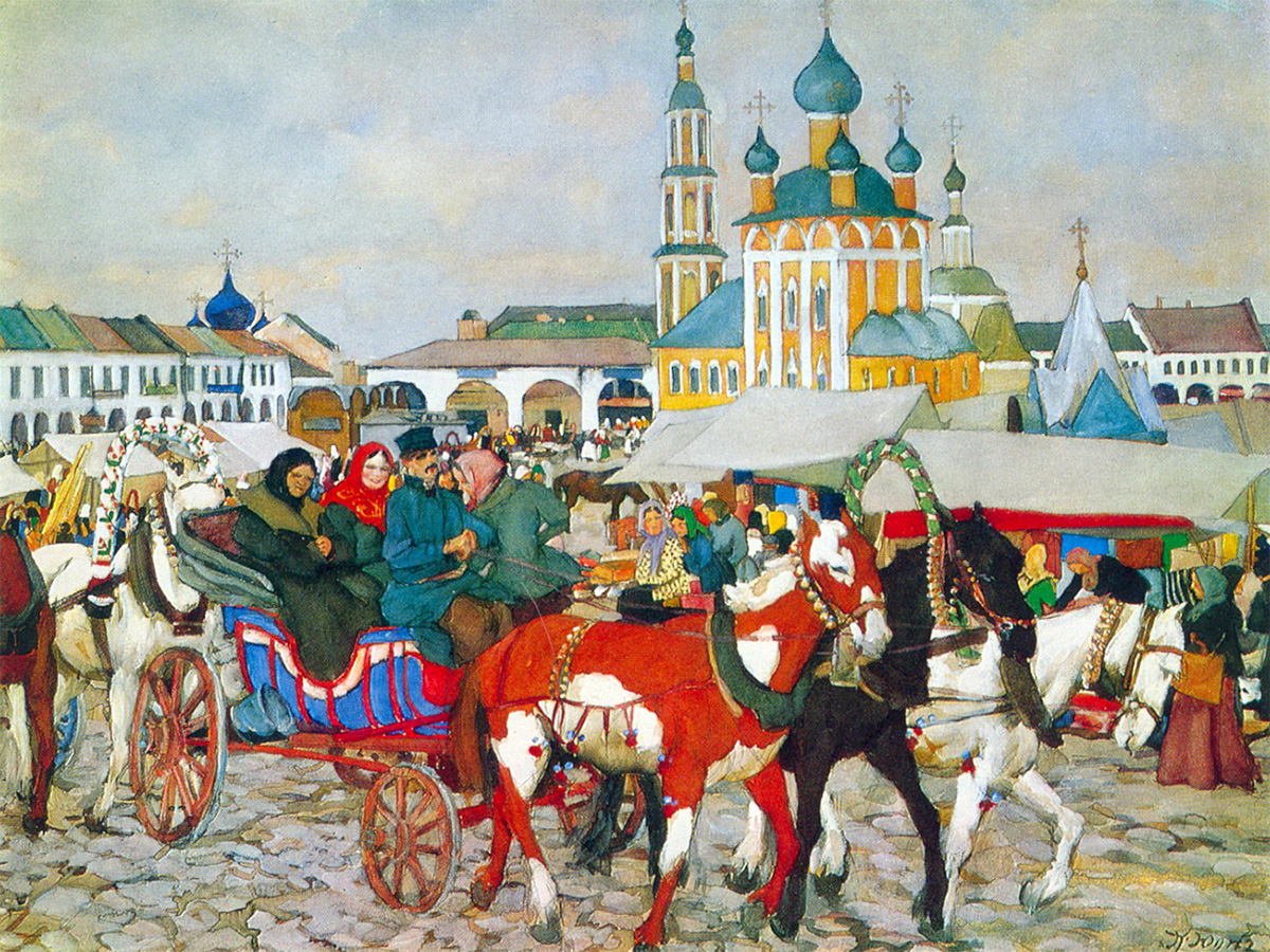 　コンスタンチン・ユオン（1875～1958）は、ロシアのグラフィックアーティスト、舞台デザイナーであると共に画家だった。彼はさまざまな分野で活躍したが、主に得意としたのは風景画だった。印象派から学んだユオンは、19世紀後半のロシアの写実主義の伝統にも強く感化された。ボリス・クストディエフと同様に、彼はロシア古代の遺物、その装飾と鮮やかさを敬愛した。彼は好んでロシアの地方を描いた。彼が関心を持った題材は、対照的な天候条件や地方の町や村の生活、教会や修道院の建築だった。革命後、彼のスタイルには変化があったが、1世紀が経過した後の現在でも、ユオンの絵画では、ロシア農村の気風がキャンバス上に具現されている。『ウグリチのトロイカ (馬車)』、コンスタンチン・ユオン、1913年。