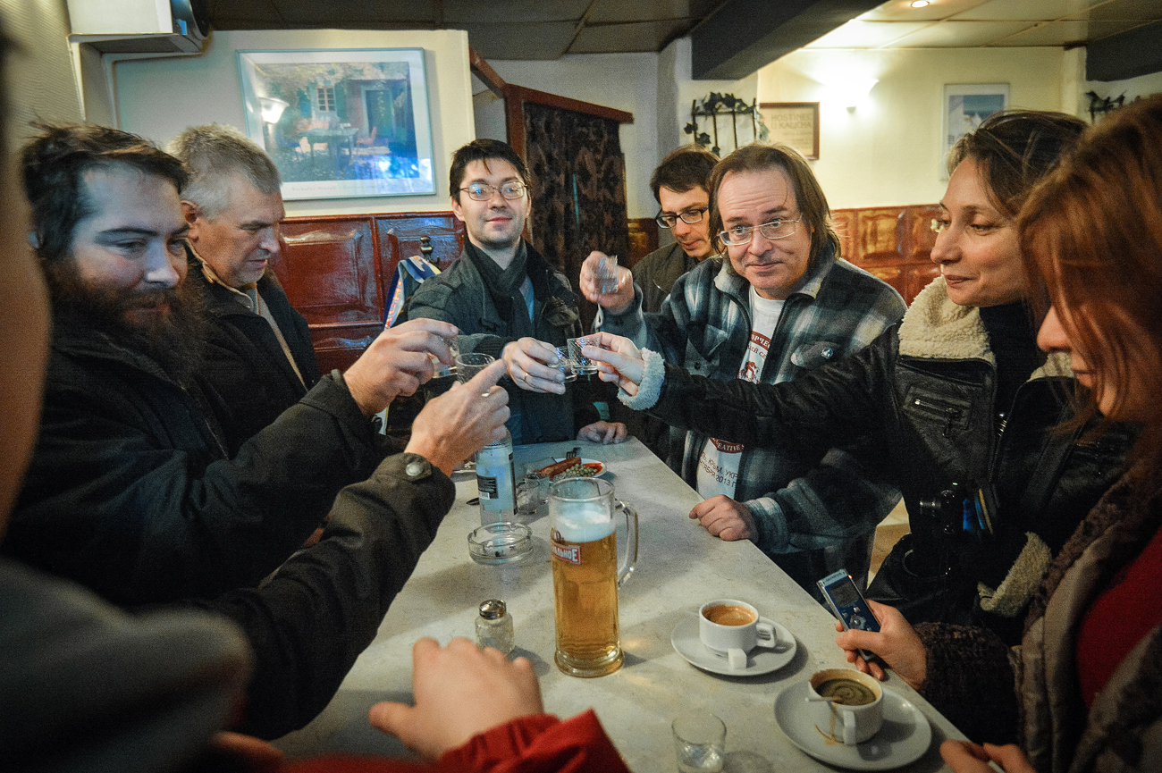 Visitors at the bar "Aist" (Stork) on Lubyansky Proyezd in Moscow