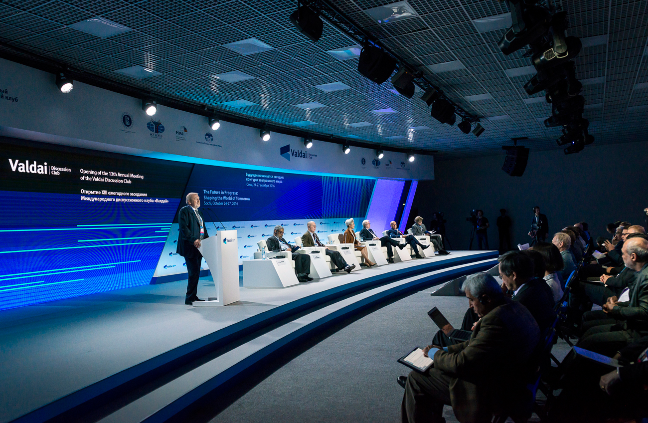 Andrei Bystritsky, chairman of the board at the Foundation for the Development and Support of the Valdai Discussion Club, speaks at a meeting as part of the 13th annual meeting of the Valdai Discussion Club, Sochi, Oct. 25, 2016. 