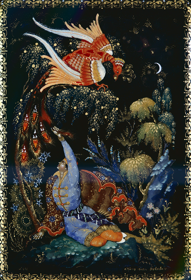 Tsarevich Ivan, the Firebird and the Gray Wolf collected by Alexander Afanasyev in Russian Fairy Tales.