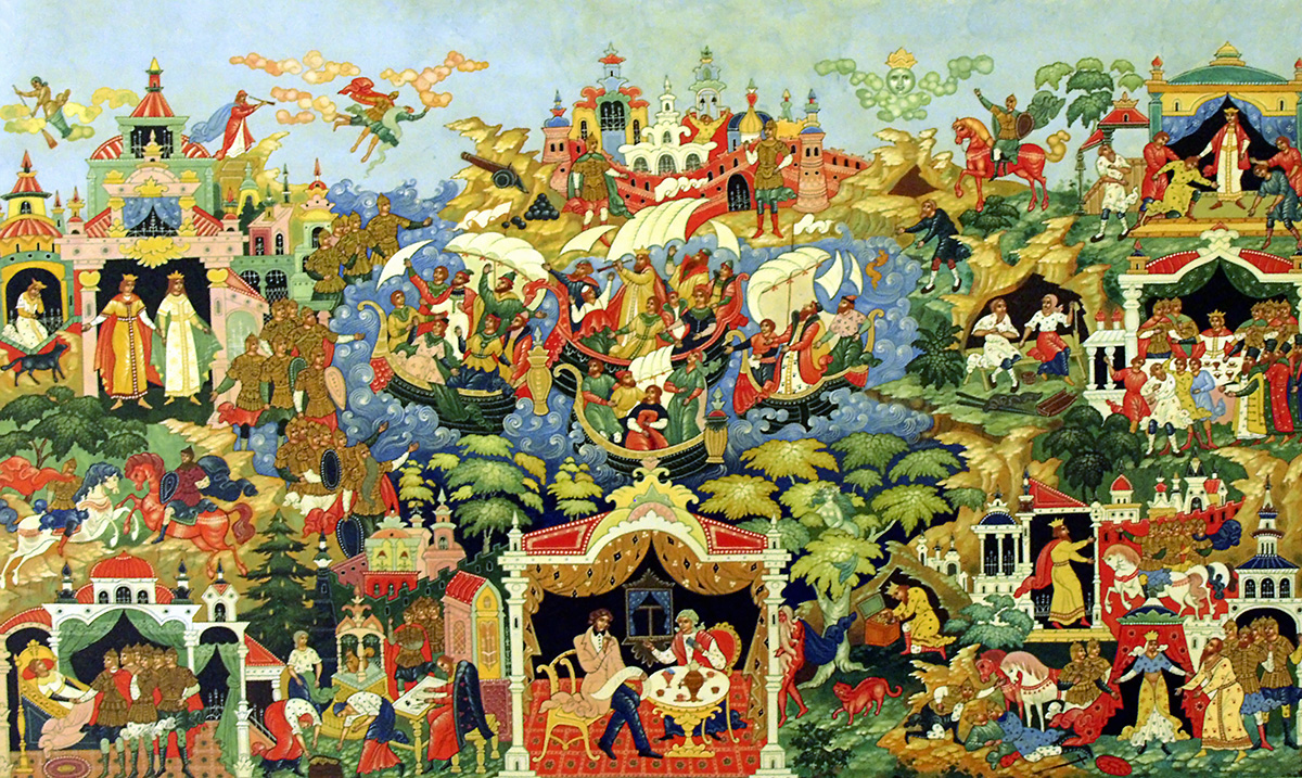 It is home to Russian Palekh lacquer miniature – a traditional craft that produces decorative lacquered boxes, caskets, and brooches. / This painting describes the world of Pushkin’s fairy tales.