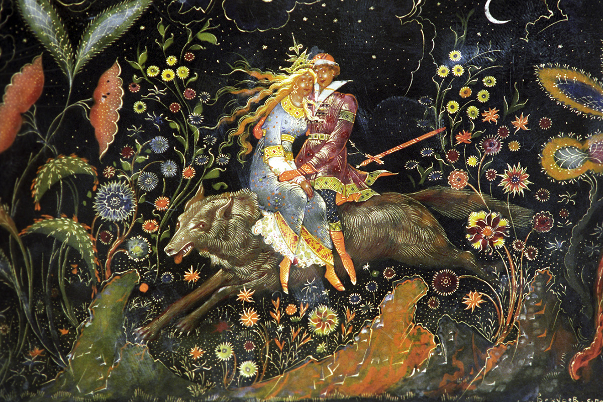 A scene from the Russian folk tale Tsarevitch Ivan, the Fire Bird and the Gray Wolf collected by Alexander Afanasyev in Russian Fairy Tales.