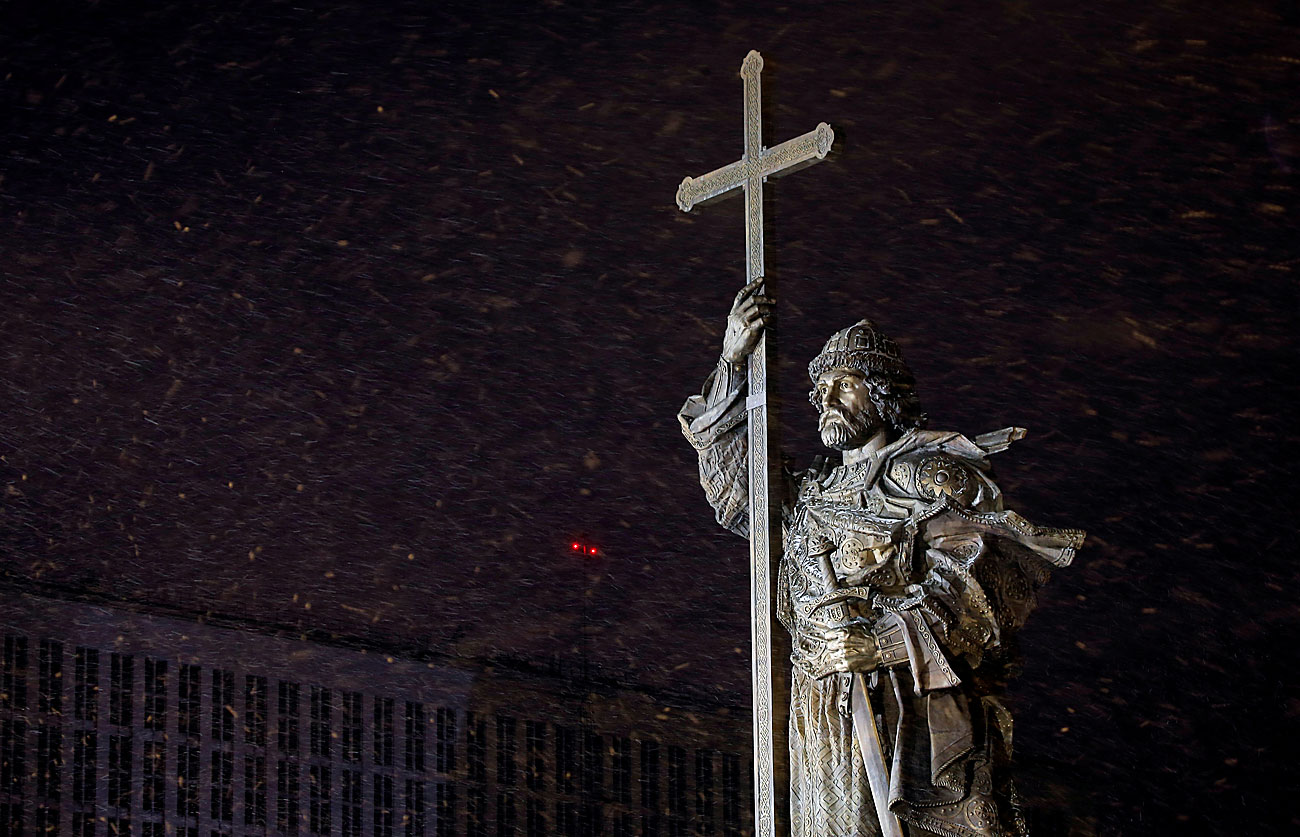 The newly erected monument to Grand Prince Vladimir, who brought Christianity to the precursor of the Russian state, is seen during a snowfall in central Moscow, Russia.
