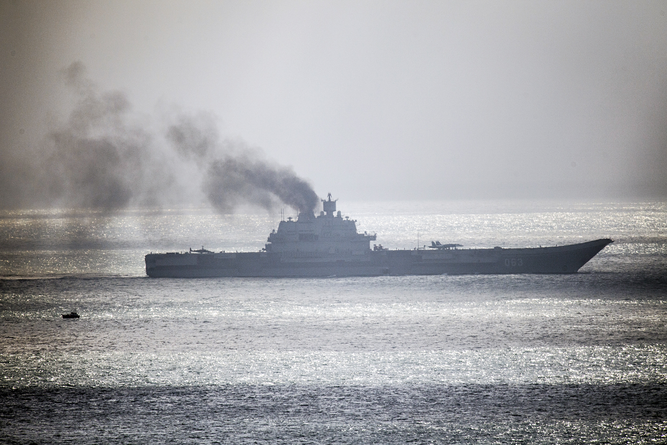The Russian aircraft carrier Admiral Kuznetsov passes through the English channel on Oct. 21, 2016 near Dover, England. 