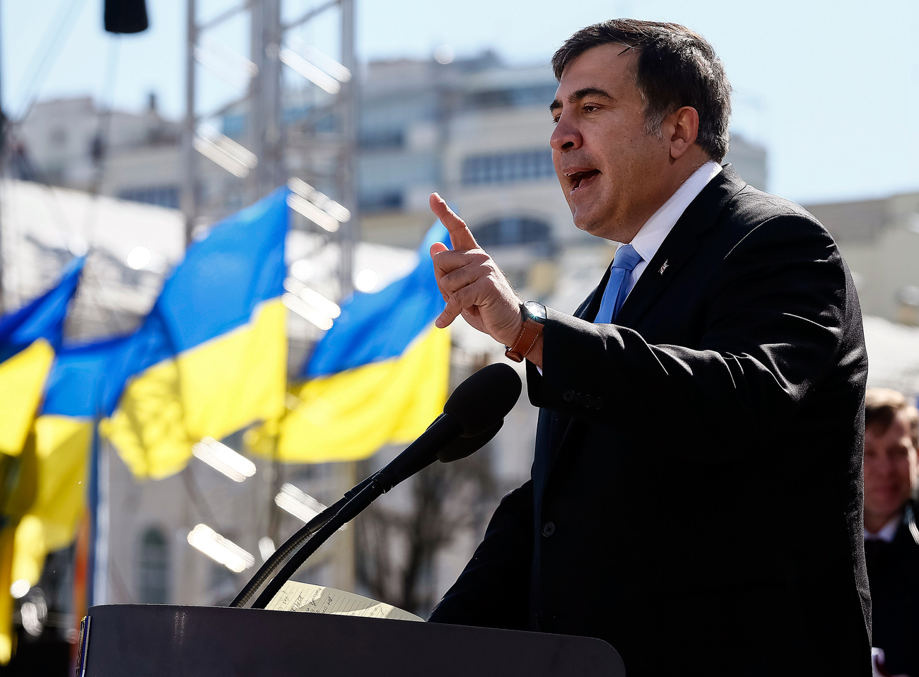 Former Georgian president Mikhail Saakashvili addresses members of a Batkivshchyna party during a meeting in central Kiev.