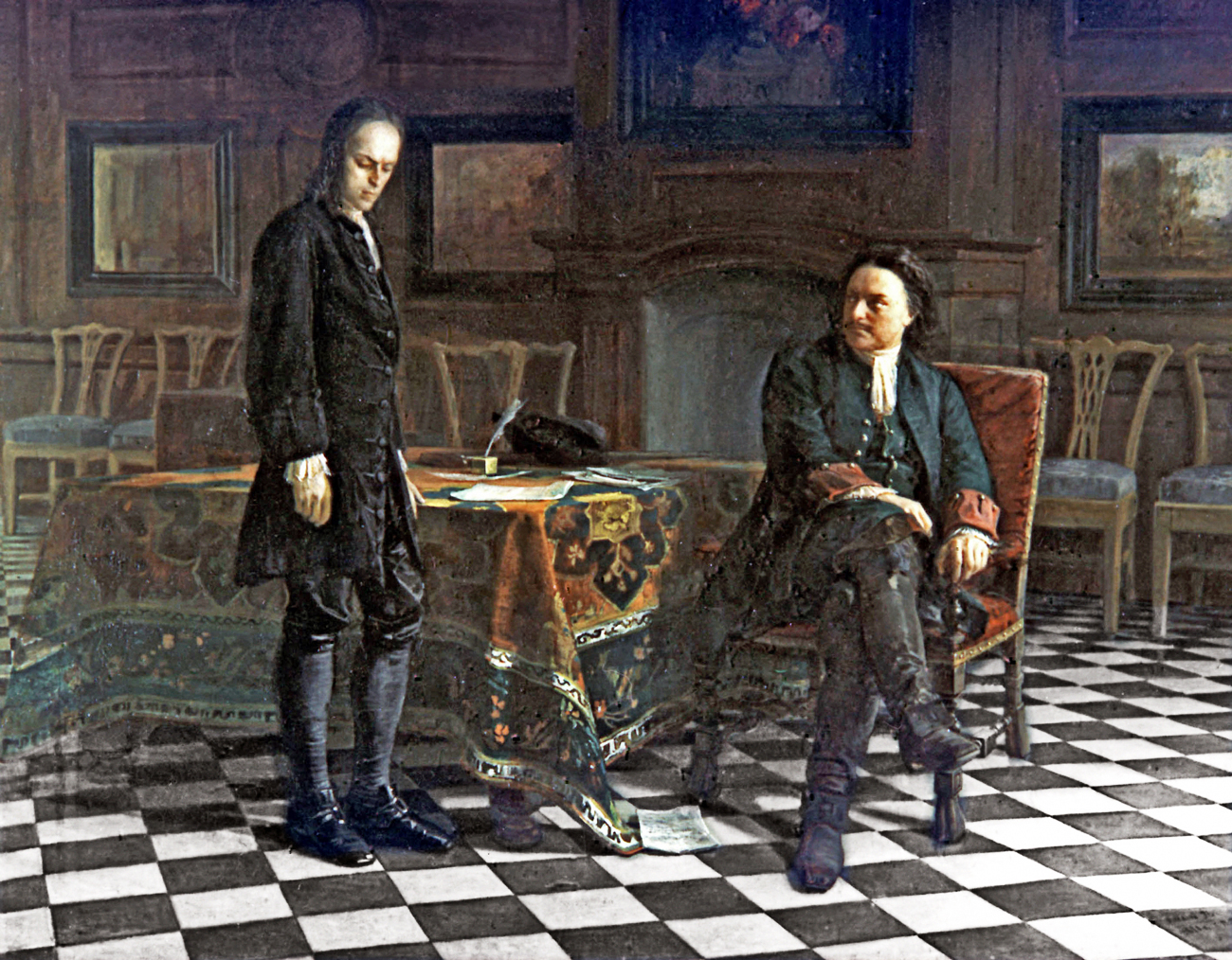 Pintura de Nikolai Ge retrata Piotr, o Grande questionando o tsarévitch Aleksêi