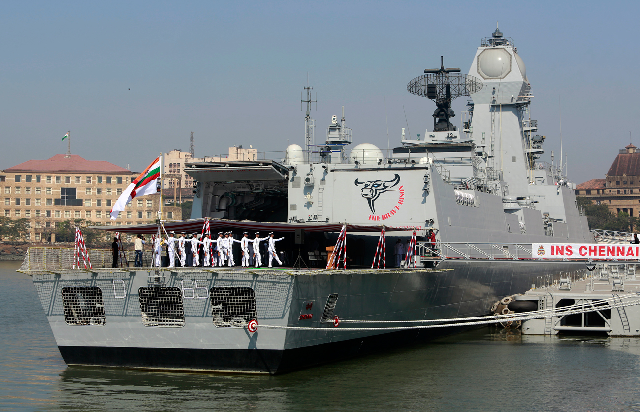 Indian naval sailors march during the commissioning ceremony of INS Chennai in Mumbai, India, Monday, Nov. 21, 2016. INS Chennai is a Kolkata class stealth guided missile destroyer. 