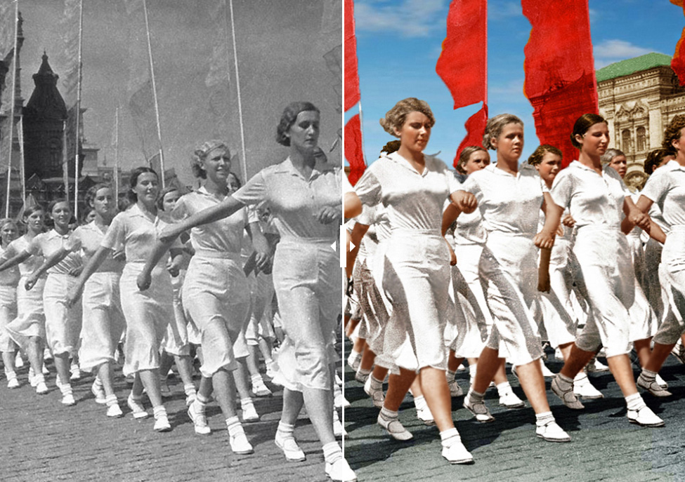 Des athlètes soviétiques sur la place Rouge durant une parade.  1937. Photo de Ivan Shaguine.