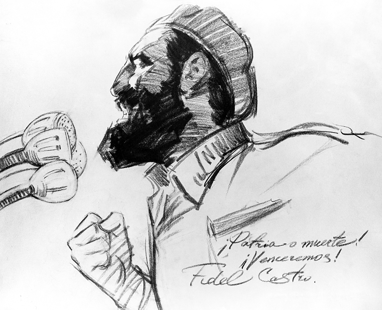 "Patria o Muerte! Venceremos! ". A portrait of Fidel Castro from painter Ivan Akimovish Sushchenko's series "My impressions of Cuba" (1962).