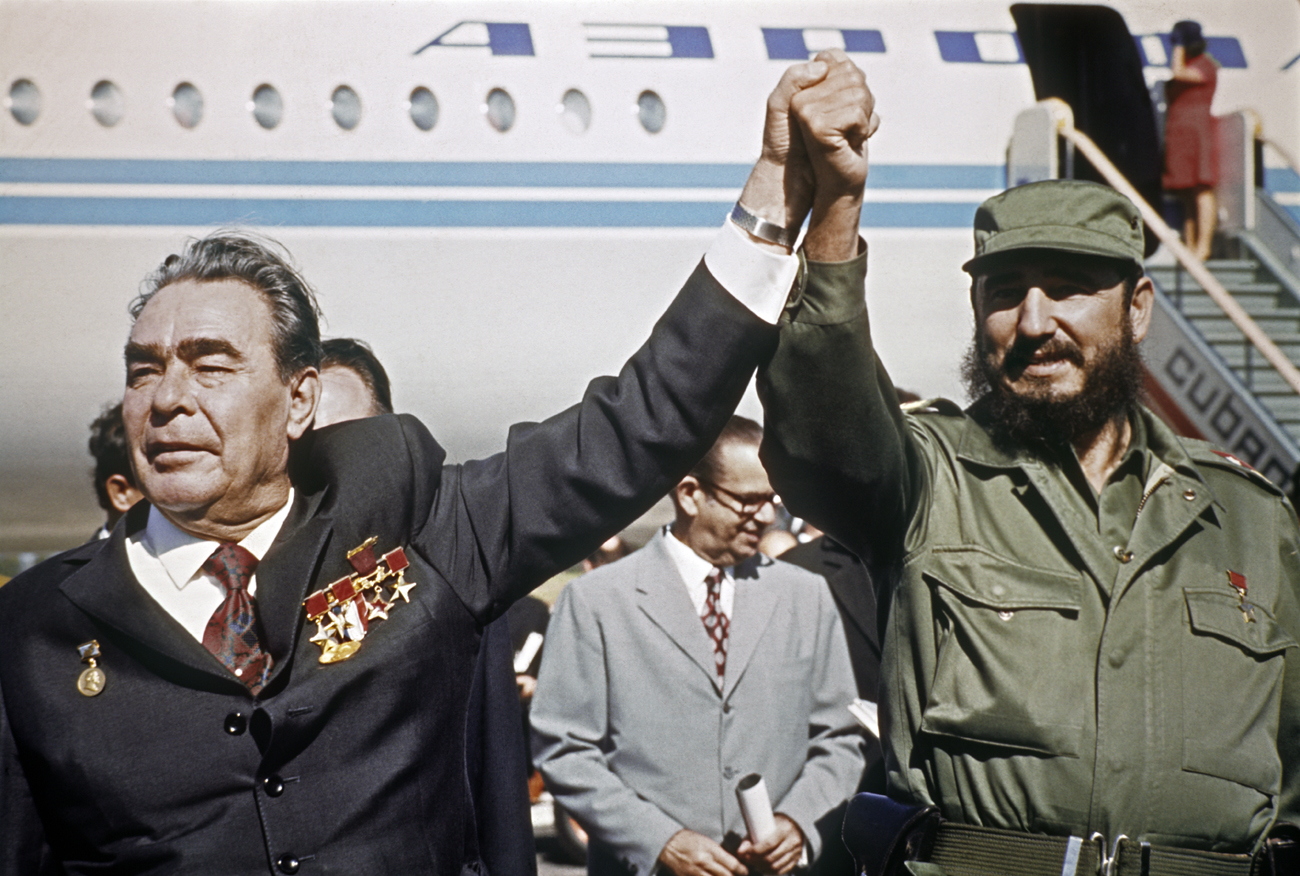 Fidel Castro (R) sees off Leonid Brezhnev, at Jose Marti International Airport after Brezhnev's visit to the Republic of Cuba.