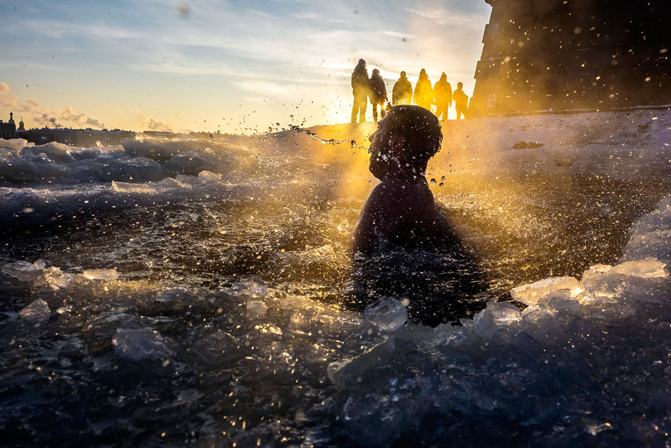 Ein Eisschwimmer taucht aus einem Eisloch im geforenen Fluss Newa neben der Peter-und-Paul-Festung in Sankt Petersburg auf. Die Eisschwimmer werden in Russland "Walross" (Russisch "Morj") genannt.