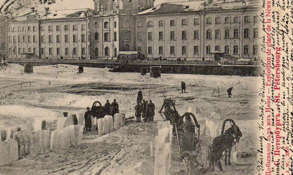 Before the invention of the fridge, men rode on sleighs to the middle of the frozen river and cut large pieces of ice to carry back to the city.