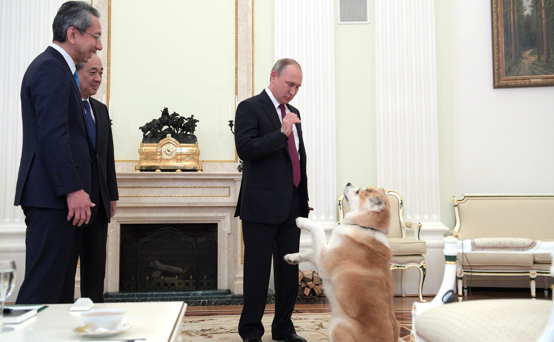 Putin introduces journalists to his Japanese dog, Yume.