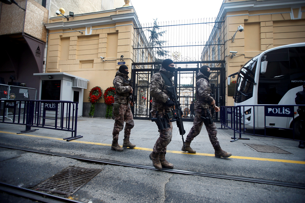 Members of police special forces patrol outisde the Russian Consulate in Istanbul, Turkey, Dec. 20, 2016.