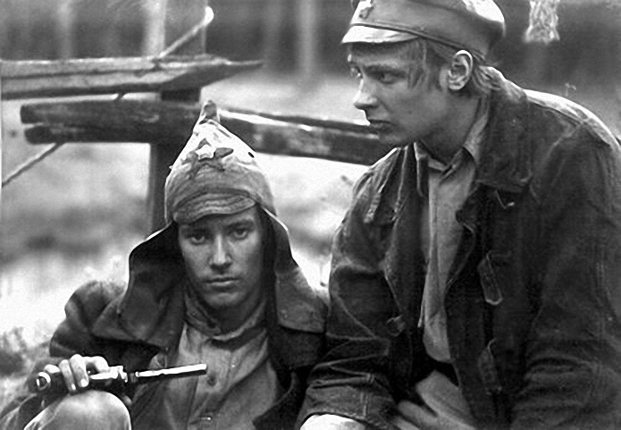 A screenshot from "How the Steel Was Tempered" movie, 1975. Vasily Konkin (L) as a main character, Pavka Korchagin. 