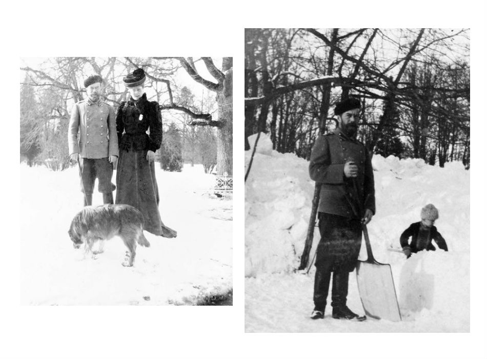 Nicholas ӀӀ and Empress Alexandra Fyodorovna on a walk during winter time. / Nicholas ӀӀ clearing snow at Tsarskoye Selo with son Alexei.
