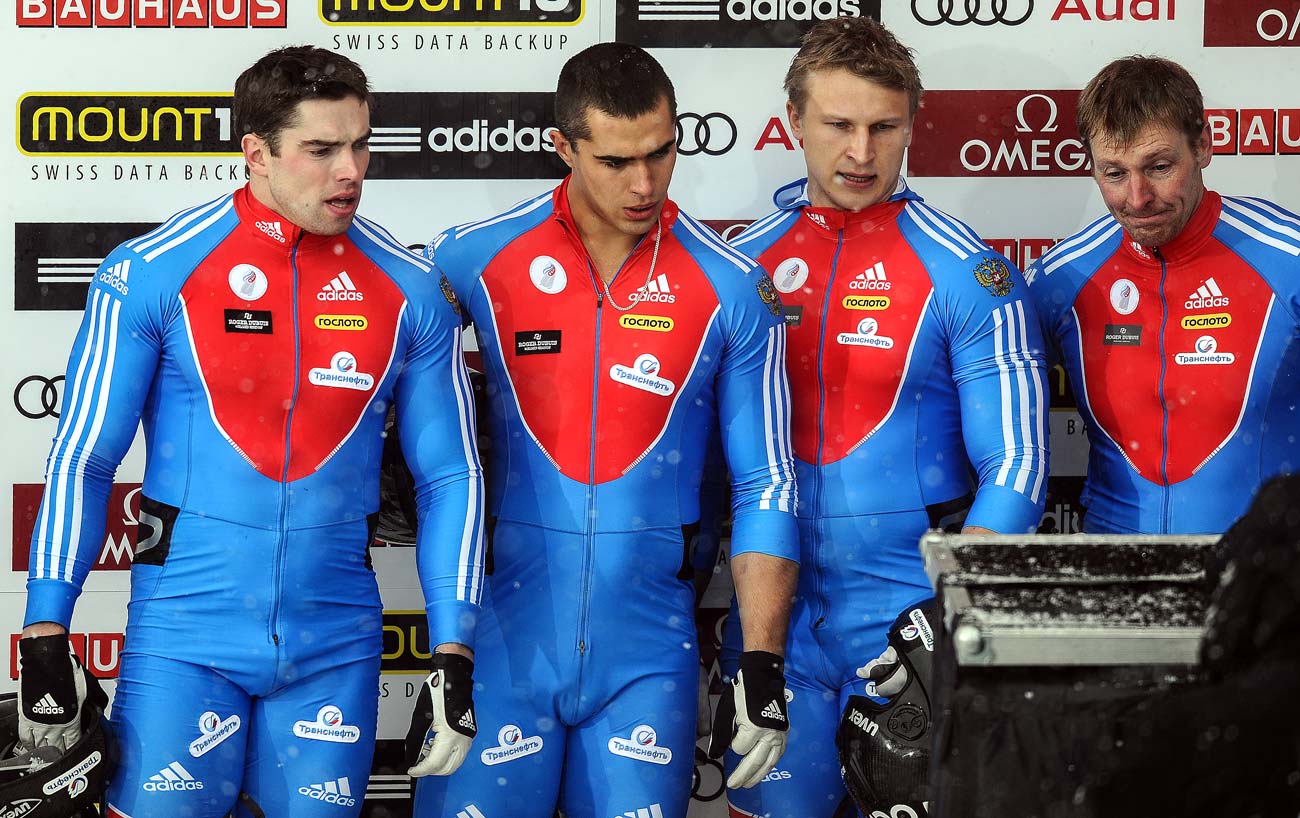 From right: Russia's Alexander Zubkov, Dmitry Trunenkov, Aleksei Negodailo and Maksim Mokrousov during the four-man bobsleigh event at the FIBT Bobsleigh and Skeleton World Championships in St. Moritz, Switzerland.