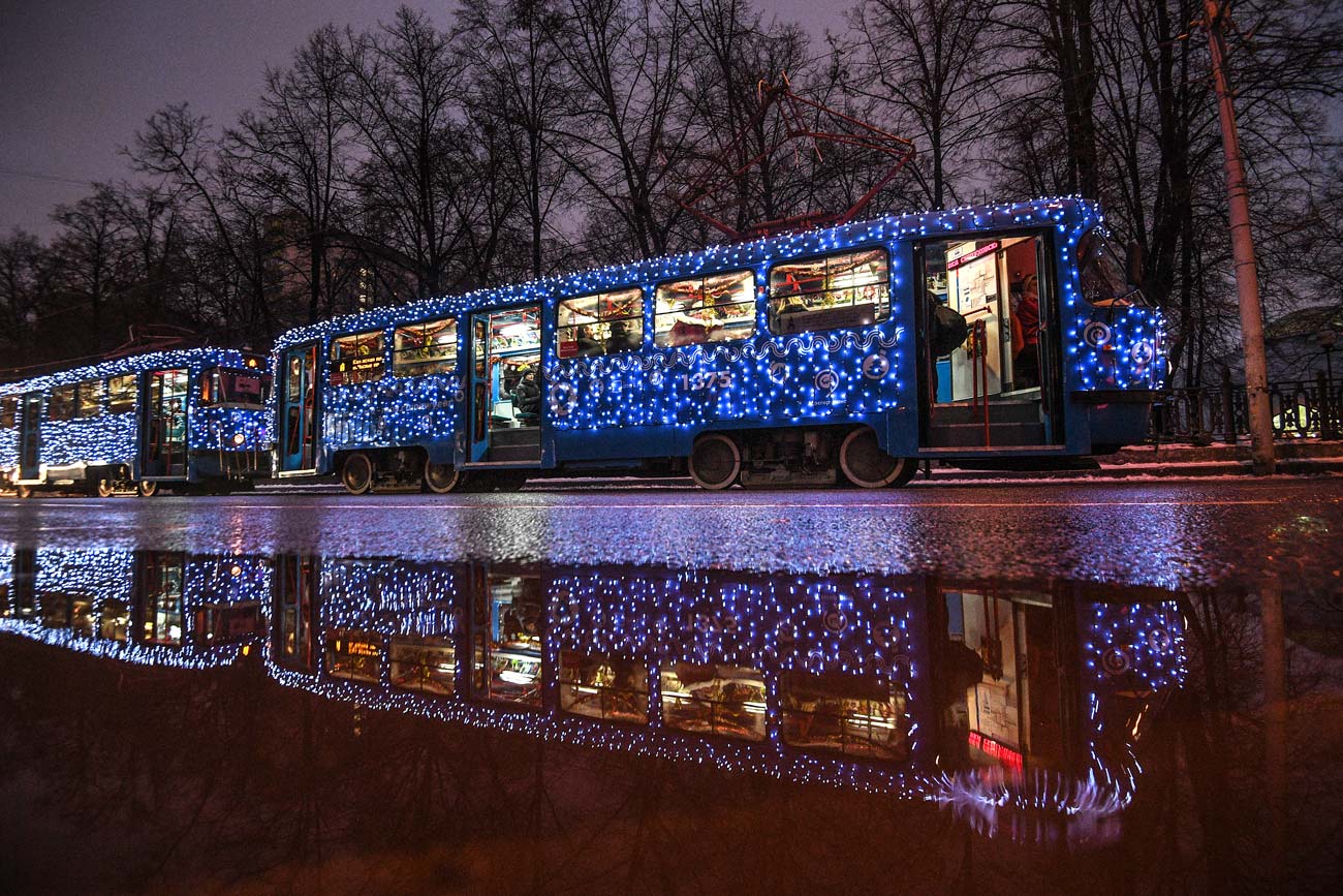 Themed Christmas tram. Russia. Moscow