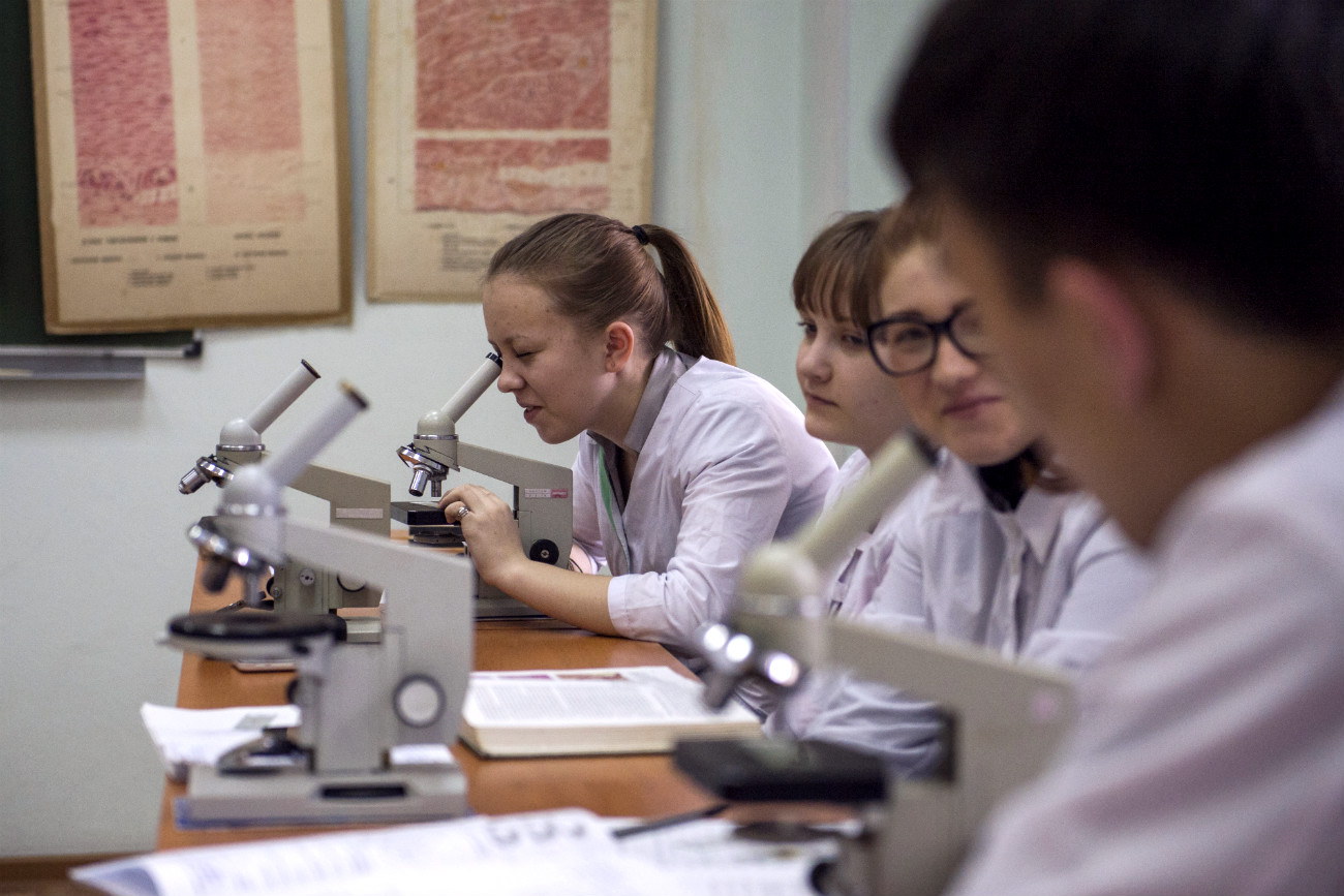 Today, Russia spends 2.5 percent of its GDP on social welfare. Pictured: students at Biochemistry class at the Omsk Medical Academy.