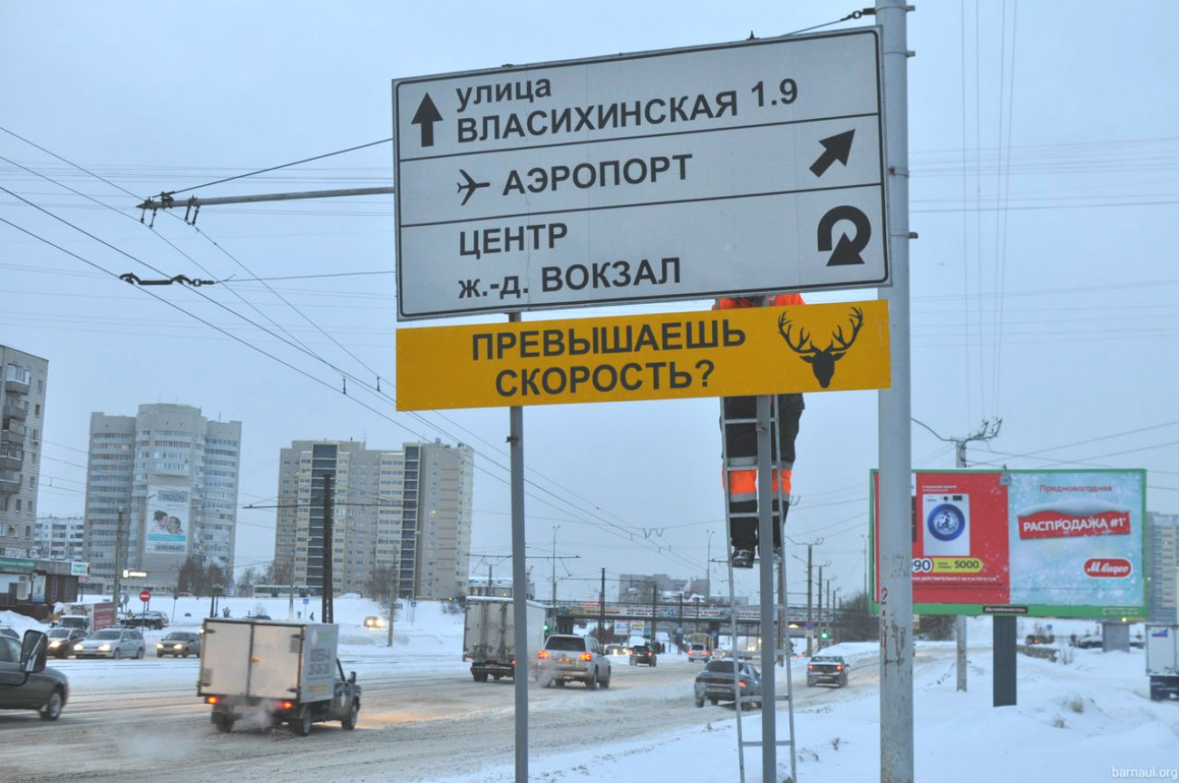 Необичните патни знаци со слики од животни на жолти табли во Барнаул се појавија минатата година. Со нив се обрнува внимание на возачите за последиците од кршењето на патните прописи. Оние кои не се придржуваат кон правилата се споредуваат со кози или со овци.
