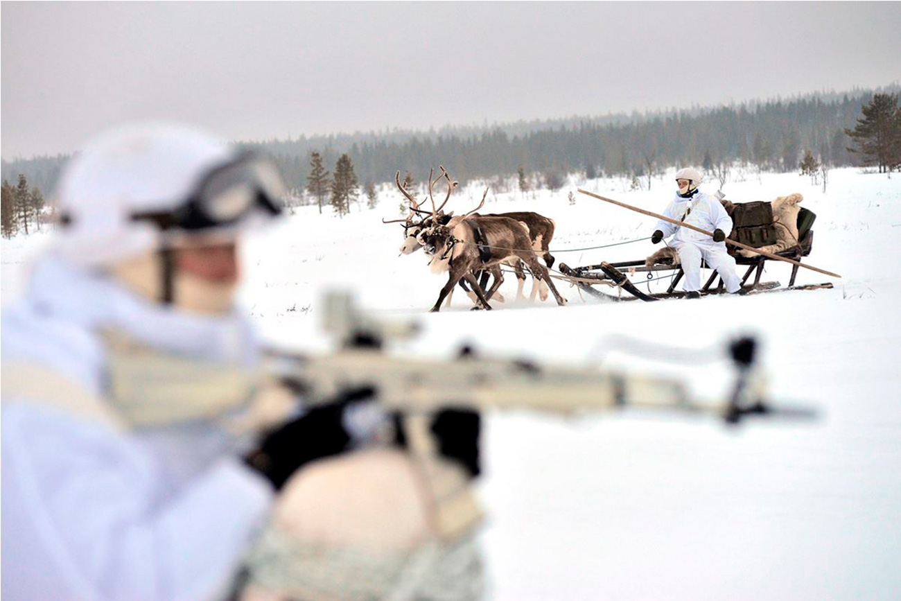 Para se deslocar, os militares utilizam o transporte dos povos nativos do Extremo Norte: trenós puxados por renas e cães.