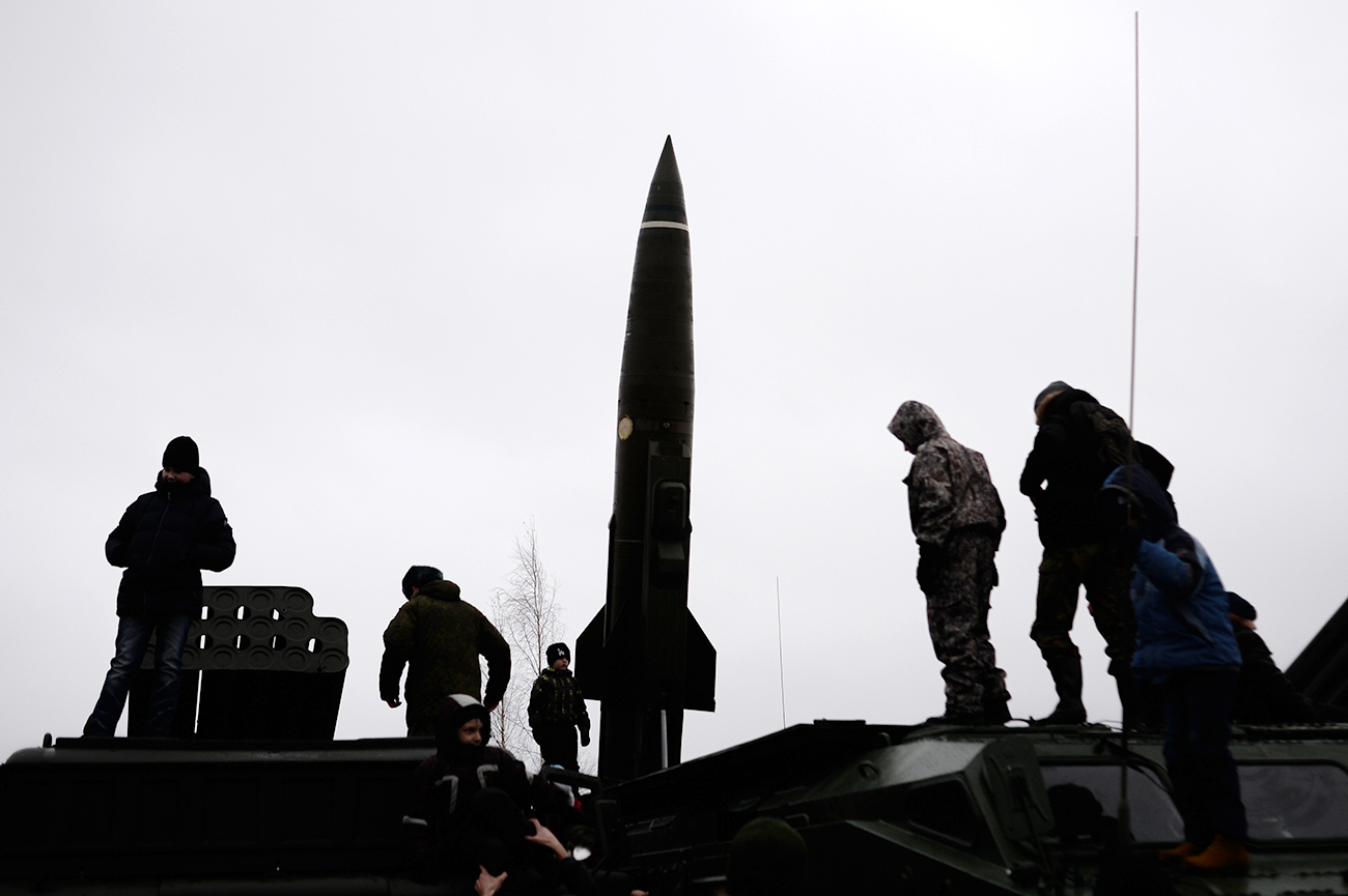 Tochka-U tactical missile complex shown during an exhibition of weapons at the Luga training ground, Leningrad Region.