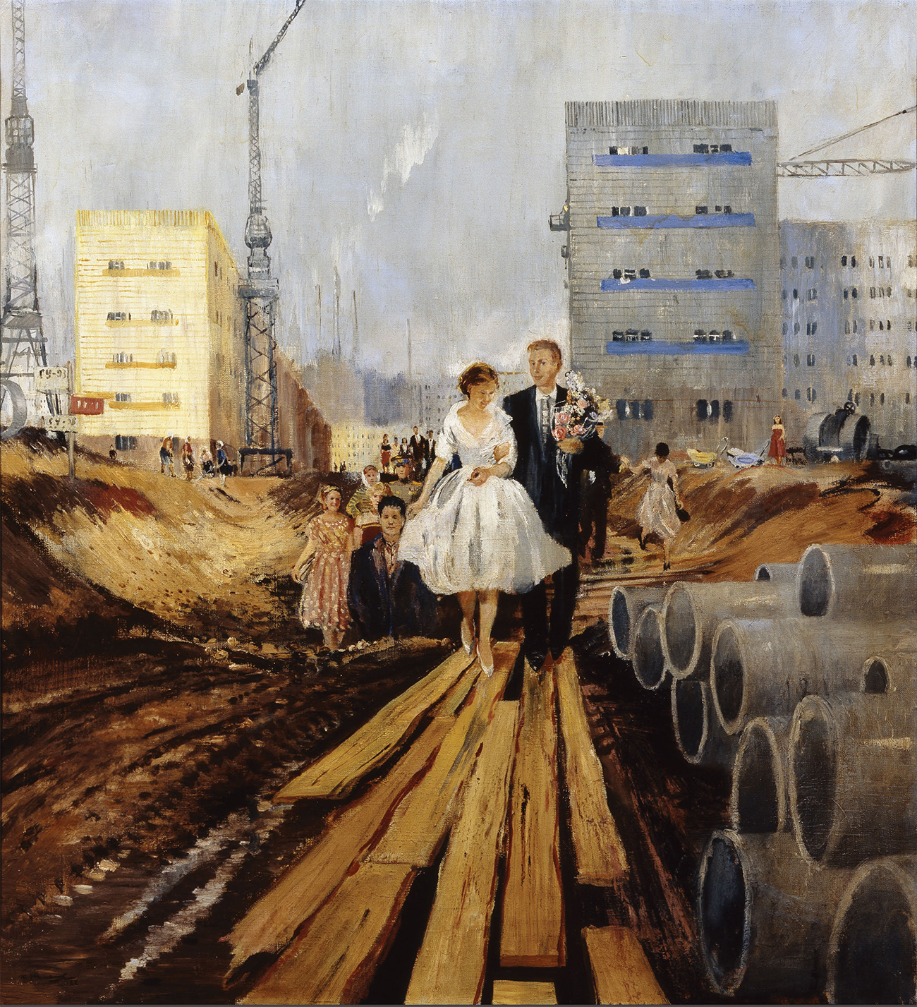 Wie die Kunst diese Zeit widerspiegelte, zeigt eine Ausstellung, die jüngst in der Tretjakow-Galerie eröffnet wurde. // Yuri Pimenov, "Hochzeit auf der Straße der Zukunft",1962. 