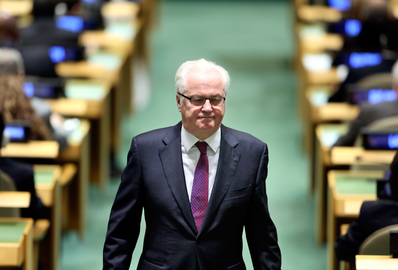 Russian Ambassador to the United Nations Vitaly Churkin returns to his seat after making a statement during the appointment of the Secretary-General designate, Antonio Guterres of Portugal, at United Nations headquarters, Thursday, Oct. 13, 2016.