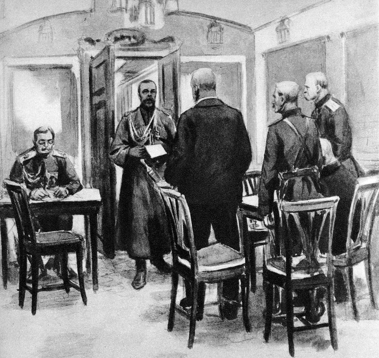 1917年3月15日、ニコライ2世が退位宣言書に署名した。＝