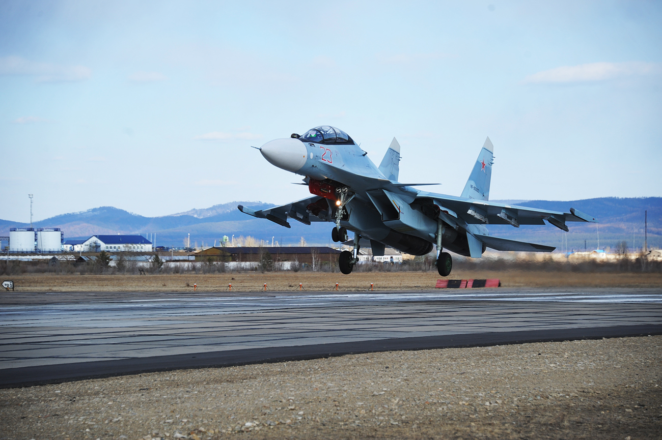 A Su-30SM fighter jet on a training mission.
