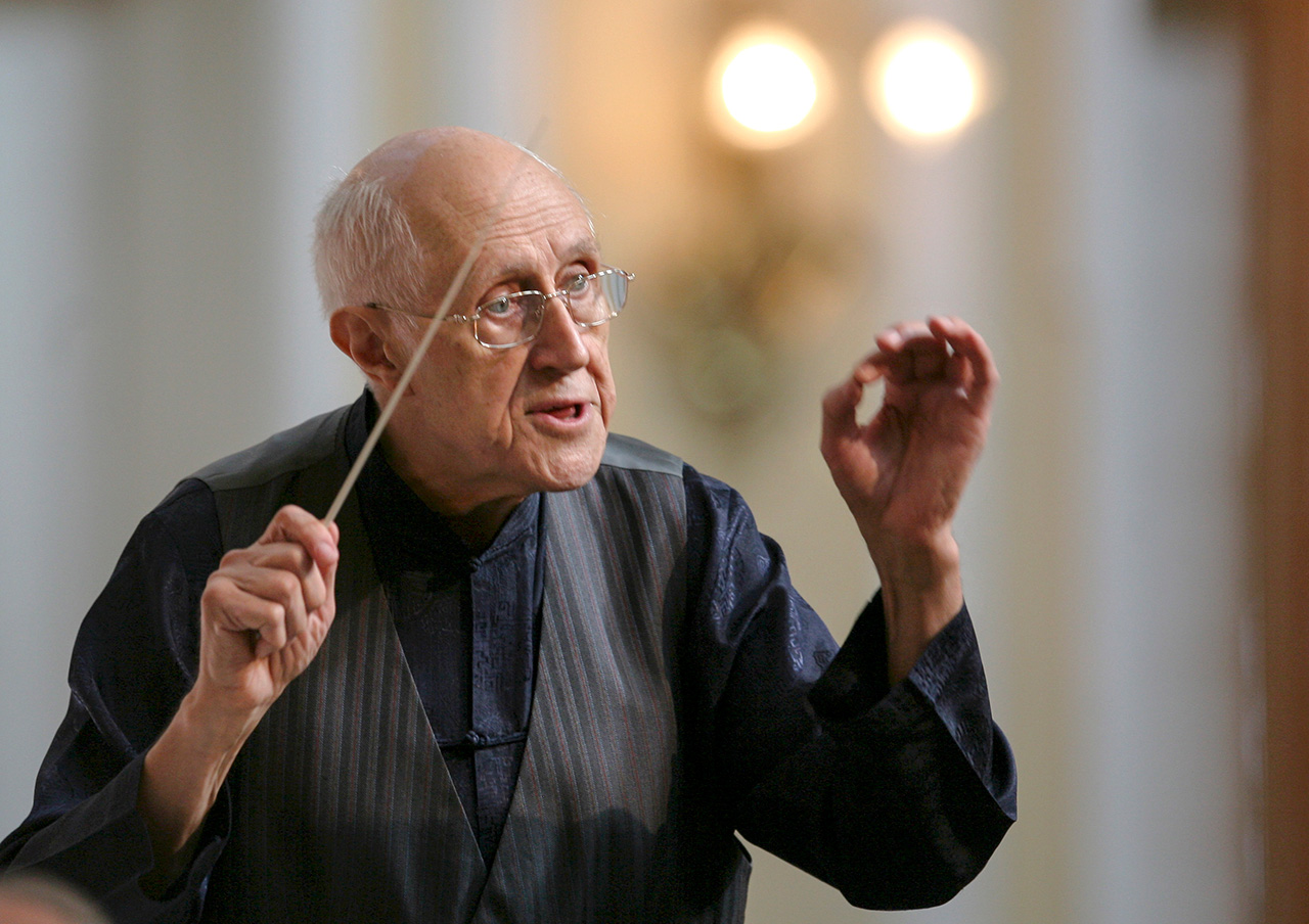 A famous Russian conductor and cellist Mstislav Rostropovich conducts The Grand Symphonic Orchestra during a rehearsal of a concert by Dmitri Shostakovich in Moscow's Conservatory.