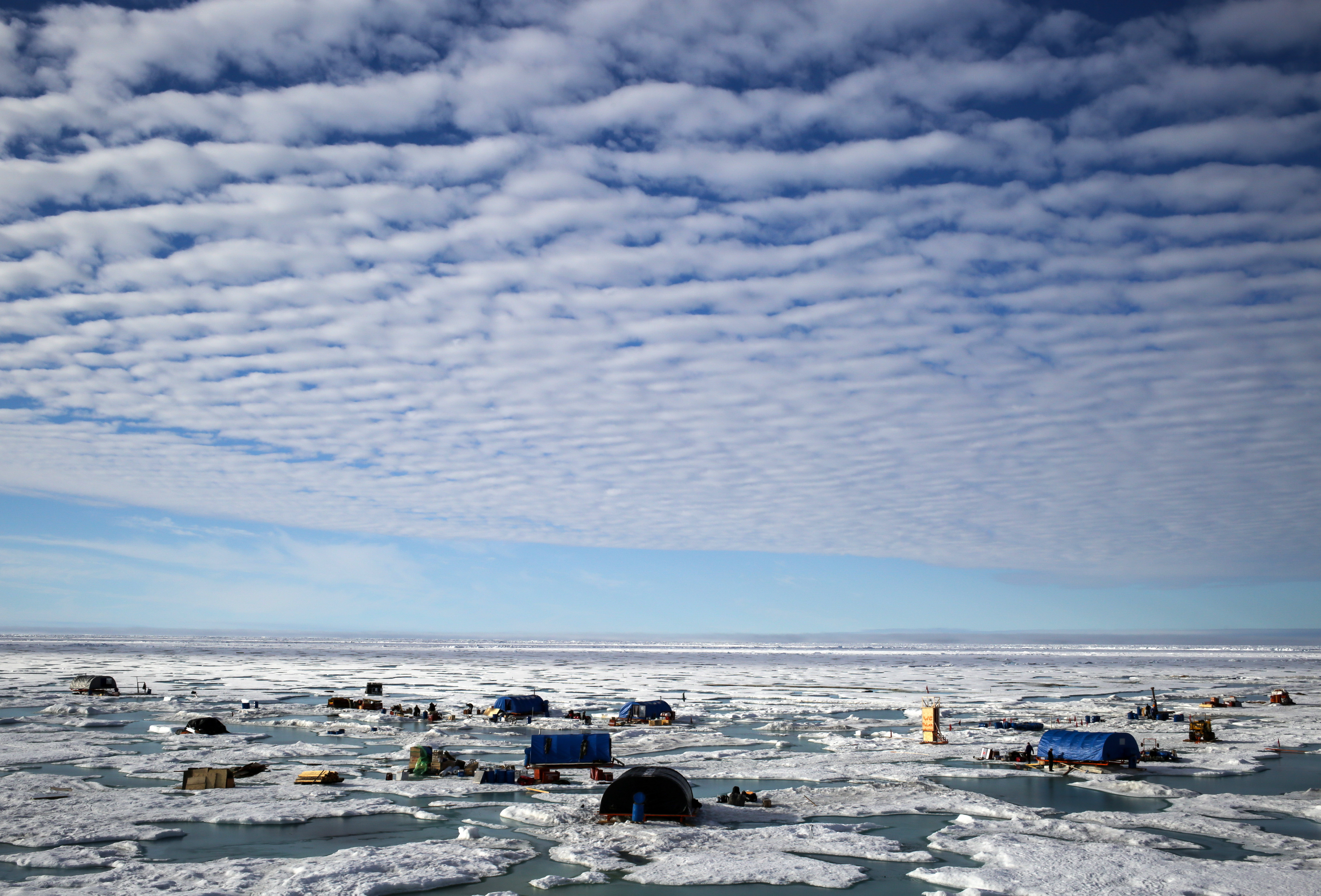 A view of the Russian North Pole drifting ice station before being evacuated from an ice floe in the Arctic Ocean, 2015. 